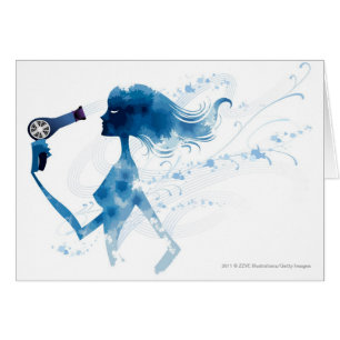 Side view of woman blow drying long hair
