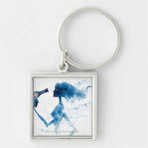 Side view of woman blow drying long hair key ring