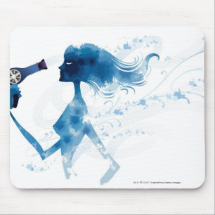 Side view of woman blow drying long hair mouse mat