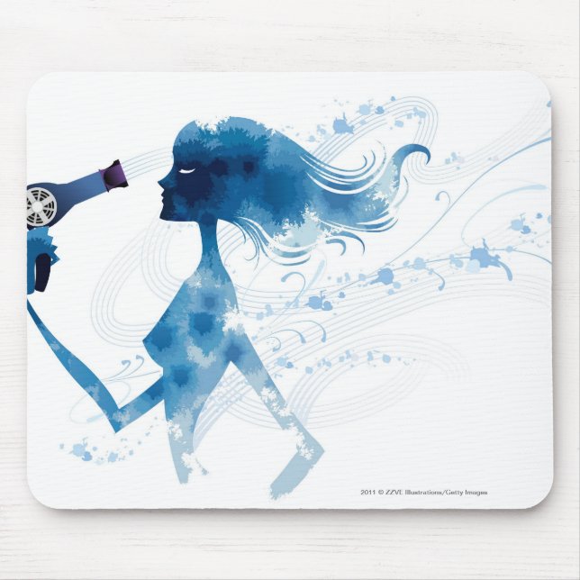 Side view of woman blow drying long hair mouse mat (Front)
