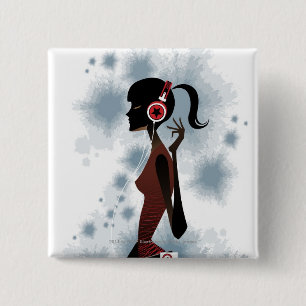 Side view of woman listening music 15 cm square badge