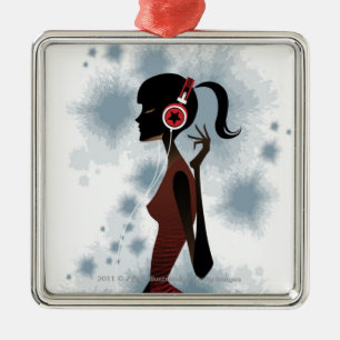 Side view of woman listening music metal tree decoration