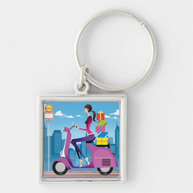 Side view of woman with gifts on scooter key ring (Front)