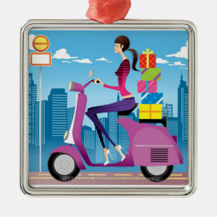 Side view of woman with gifts on scooter metal tree decoration
