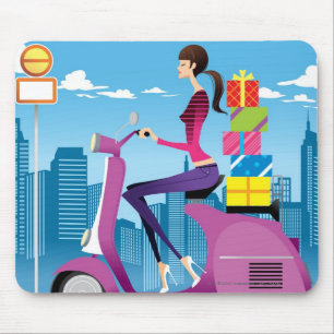 Side view of woman with gifts on scooter mouse mat
