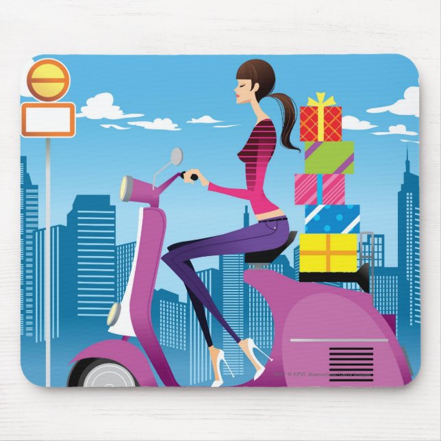 Side view of woman with gifts on scooter mouse mat (Front)
