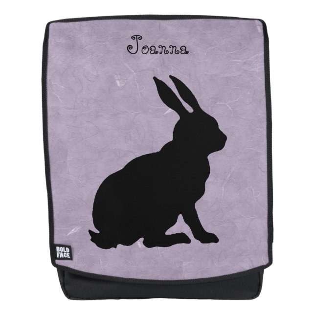 Side View Sitting Black Silhouette Rabbit Purple Backpack (Front)