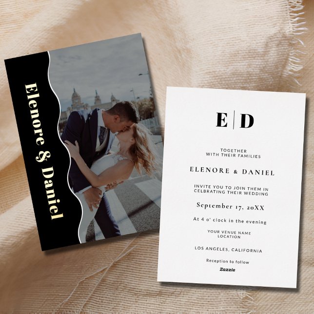 Side Wave Black & White Monogram Photo Wedding (Side Wave Black & White Monogram Photo Wedding Foil Invitation)