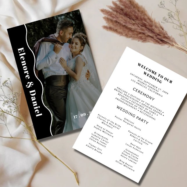 Side Wave | Black White | Photo Wedding Program (Creator Uploaded)