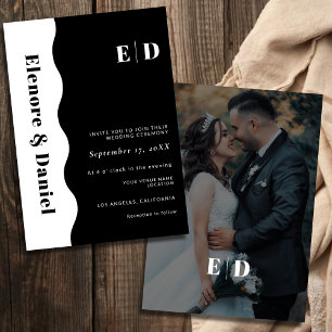 Side Wave  Monogram Black & White Photo Wedding Invitation