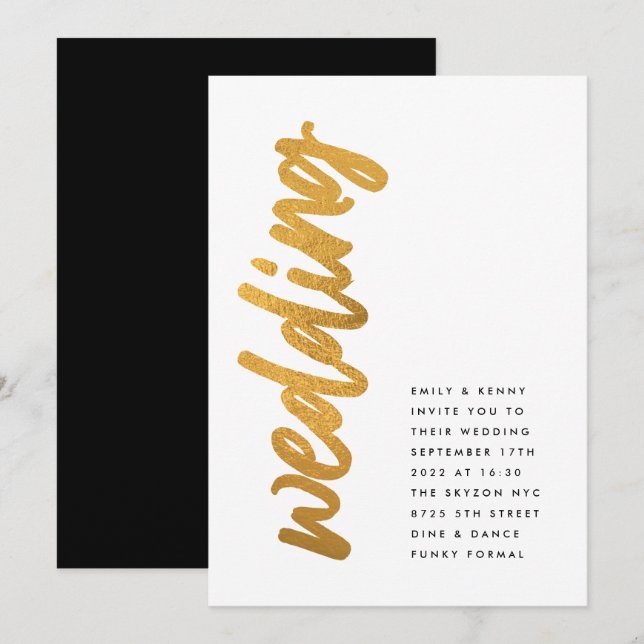 Side Ways Black Gold Foil Modern Simple Wedding Invitation (Front/Back)