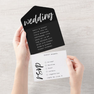 Side Ways Black Modern Simple Wedding All In One Invitation