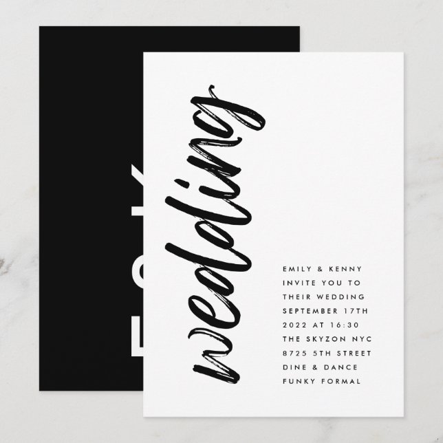 Side Ways Black Modern Simple Wedding Invitation (Front/Back)