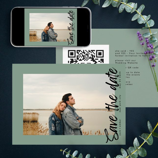 Side Ways QR Code Photo Sage Green White Save The Date (Creator Uploaded)