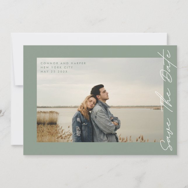 Side Ways Sage Green White QR Code Photo Save The Date (Front)