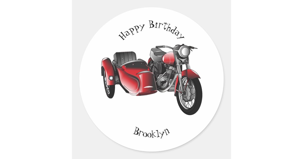 Sidecar motorcycle cartoon illustration classic round sticker | Zazzle
