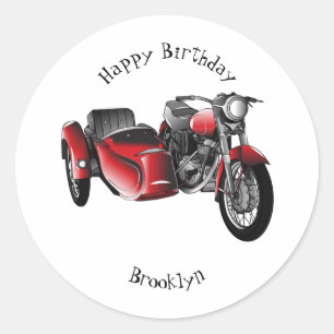 Sidecar motorcycle cartoon illustration  classic round sticker