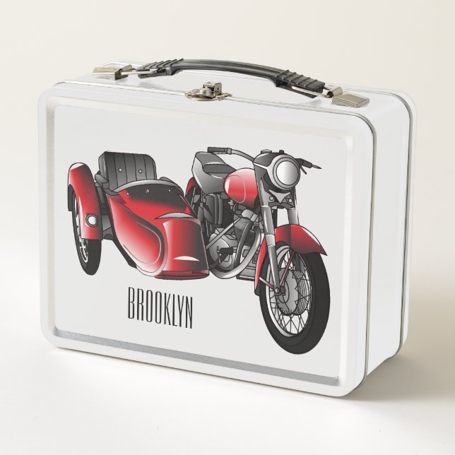 Sidecar motorcycle cartoon illustration  metal lunch box (Front)