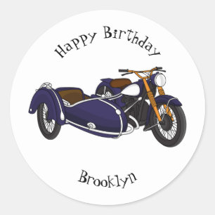 Sidecar purple motorcycle illustration classic round sticker