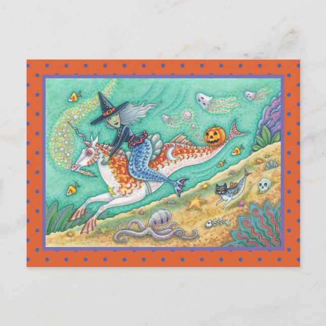 SIDESADDLE WITCH MERMAID, UNICORN MERHORSE FANTASY HOLIDAY POSTCARD (Front)