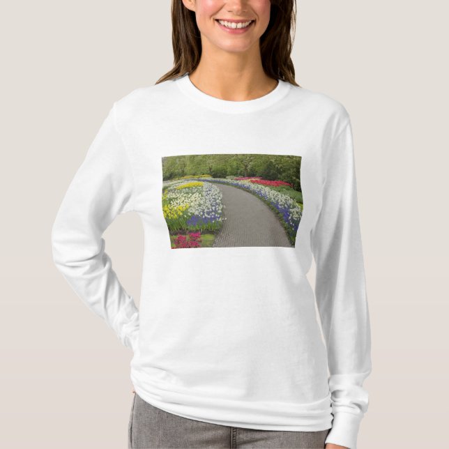 Sidewalk pathway through tulips and daffodils, 2 T-Shirt (Front)