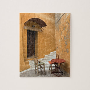 Sidewalk table setting, Chania, Crete, Greece Jigsaw Puzzle
