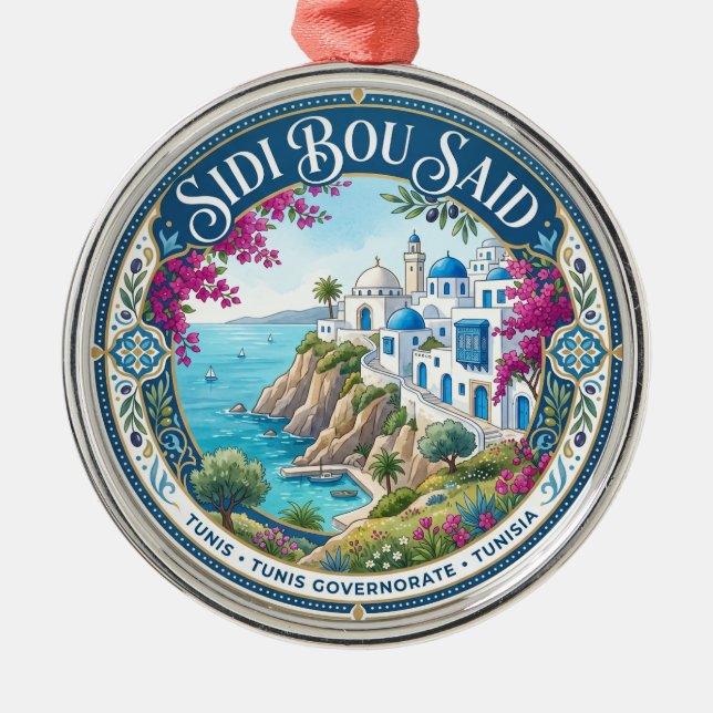 Sidi Bou Said Cliff Tunisia Metal Tree Decoration (Front)