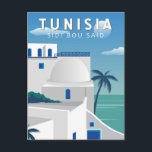 Sidi Bou Said Tunisia Retro Travel Art Vintage Postcard<br><div class="desc">Sidi Bou Said retro travel design. Known for its cobbled streets and blue-and-white houses,  Sidi Bou Said is a charming town on a promontory overlooking the Mediterranean,  with al fresco cafes,  Tunisian eateries,  and small art galleries.</div>