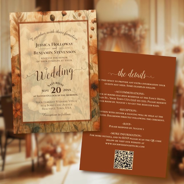Sienna Boho Floral Calligraphy & QR Code Wedding Invitation (front/back)
