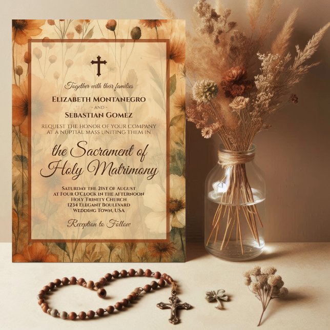Sienna Boho Watercolor Floral Catholic Wedding Invitation (Creator Uploaded)