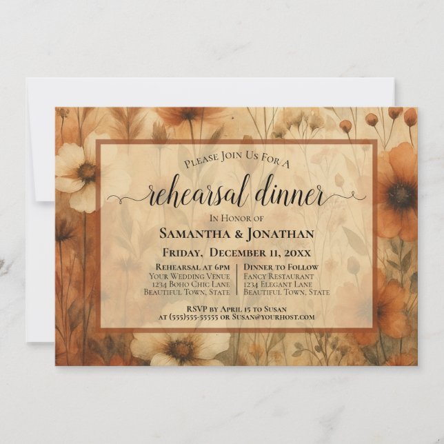 Sienna Boho Wildflowers Wedding Rehearsal Dinner Invitation (Front)
