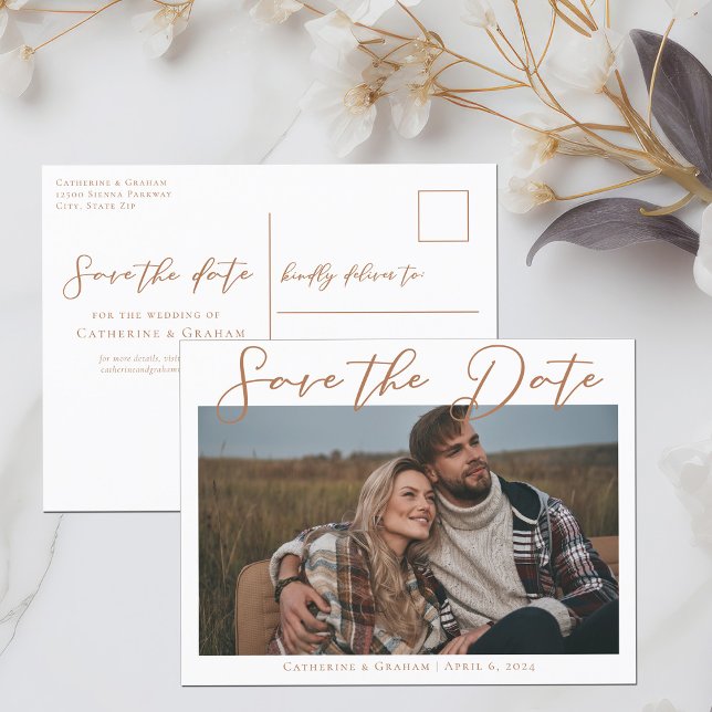 Sienna Brown Script Couple Photo Chic Fall Announcement Postcard (Creator Uploaded)