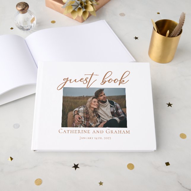 Sienna Brown Script Couple Photo Wedding Guest Book (Front Open)
