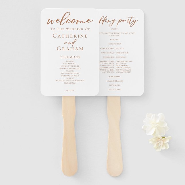 Sienna Brown Script Custom Fall Wedding Program Hand Fan (Front and Back)