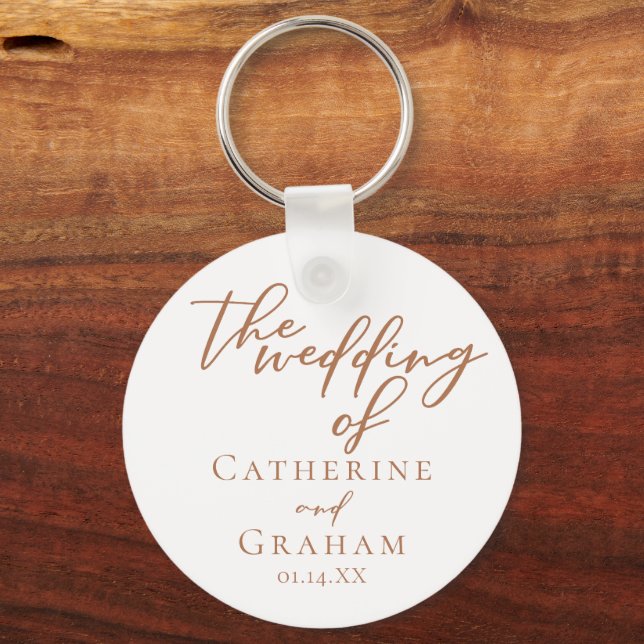 Sienna Brown Script Minimalist Custom Wedding Key Ring (Front)