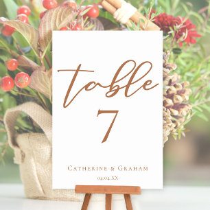 Sienna Brown Script Minimalist Custom Wedding Table Number
