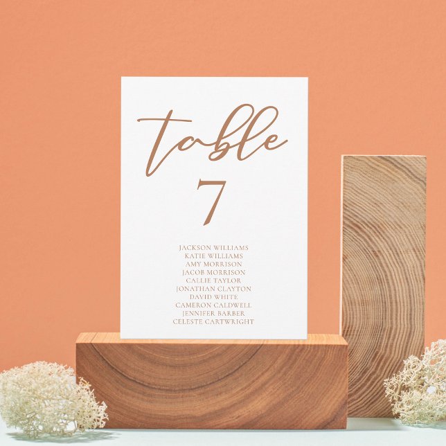 Sienna Brown Script Wedding Table Number w Names (Creator Uploaded)
