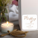 Sienna Brown Typography Minimalist Wedding Square Sticker<br><div class="desc">This sienna brown script wedding sticker is a warm regal colour for a bride or groom looking for a blend between soft and masculine. The lovely tan minimalist typography features simple cursive above a chic,  modern serif font. This flexible accessory works for both afternoon and evening weddings.</div>