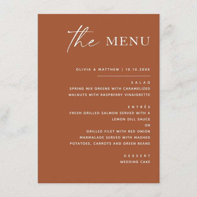 Sienna Fall Wedding | Warm Terracotta Brown Desert Menu (Front)