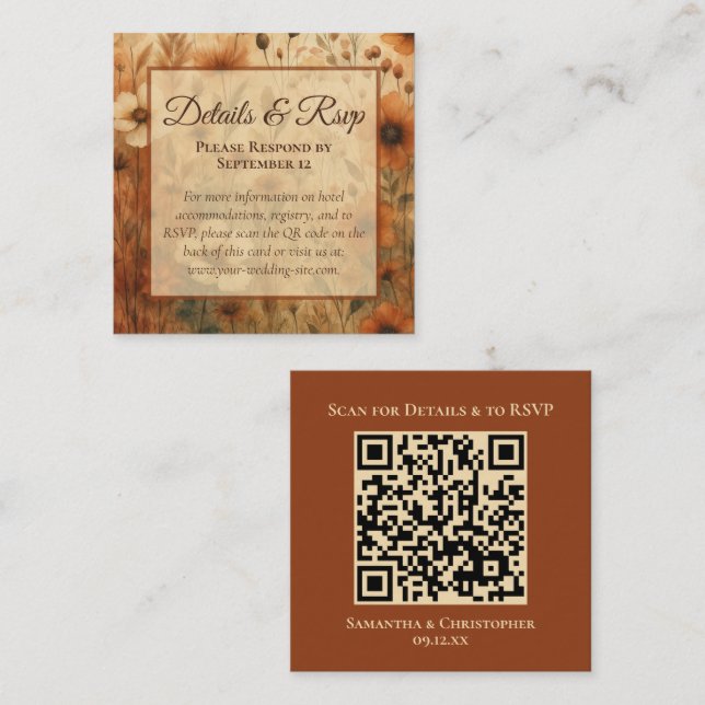 Sienna Wildflowers Wedding Details & RSVP QR Code Enclosure Card (Front/Back)