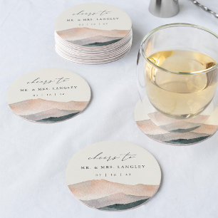 Sierra Dusk   Desert Mountain Sunset Wedding Round Paper Coaster