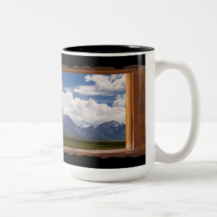 Sierra Nevada Through Cabin Window on Black Two-Tone Coffee Mug