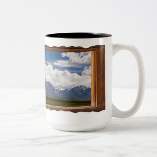 Sierra Nevada Through Cabin Window on White Two-Tone Coffee Mug
