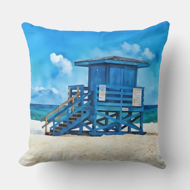 Siesta Key Beach Blue Lifeguard Tower Pillow (Front)