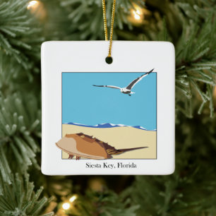 Siesta Key, Fl Horseshoe Crab Seagull Beach Ceramic Ornament