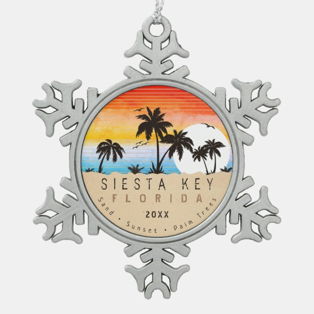 Siesta Key Florida Beach Retro Sunset Souvenir 60s Snowflake Pewter Christmas Ornament (Front)