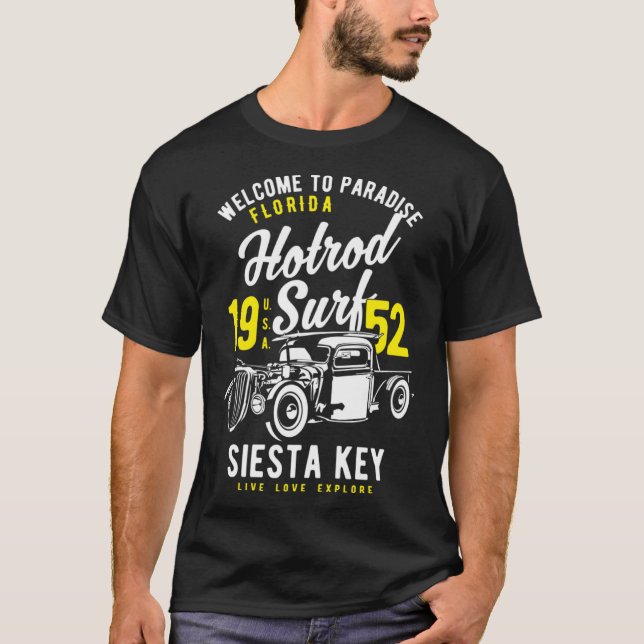 Siesta Key Florida Retro Hotrod Surf T-Shirt (Front)