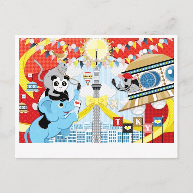 Sightseeing of alien and animals inTokyo (Remake) Postcard (Front)