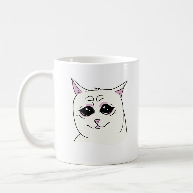 SIGMA SAD WHITE CAT FACE ANIMAL  COFFEE MUG (Left)