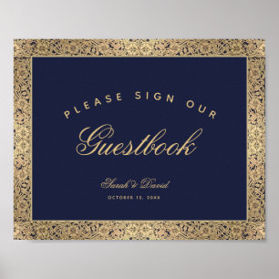 Sign Guestbook Navy Blue Gold Roses Wedding Sign